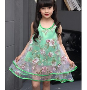 Violet purple yellow pink green yellow red floral printed chiffon girls kids child children modern dance stage performance jazz dance dresses 